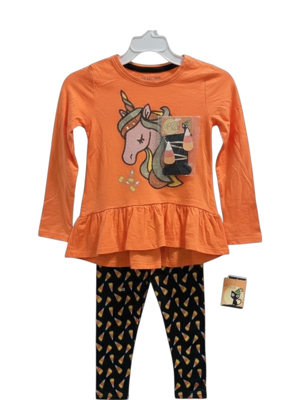 Orange Unicorn Peplum Top & Candy Corn Leggings Set